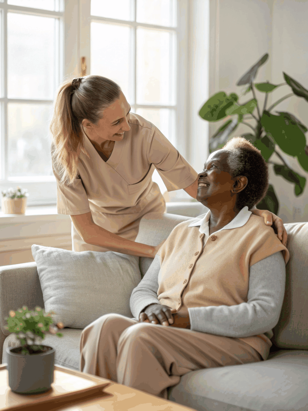 Professional caregiver providing compassionate support to a senior in a home setting
