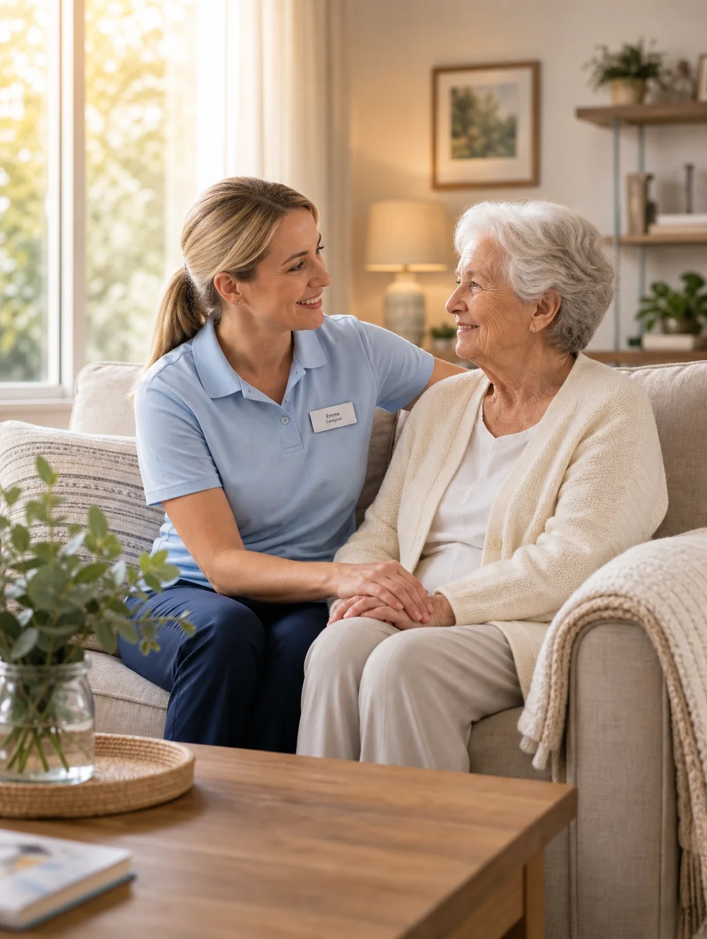 Professional caregiver assisting a senior patient in a comfortable home setting